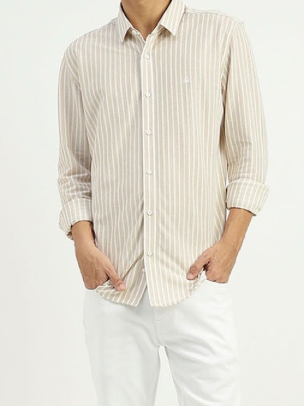 United Colors of Benetton Beige Preppy Beige Vertical Stripe Button Down Shirt